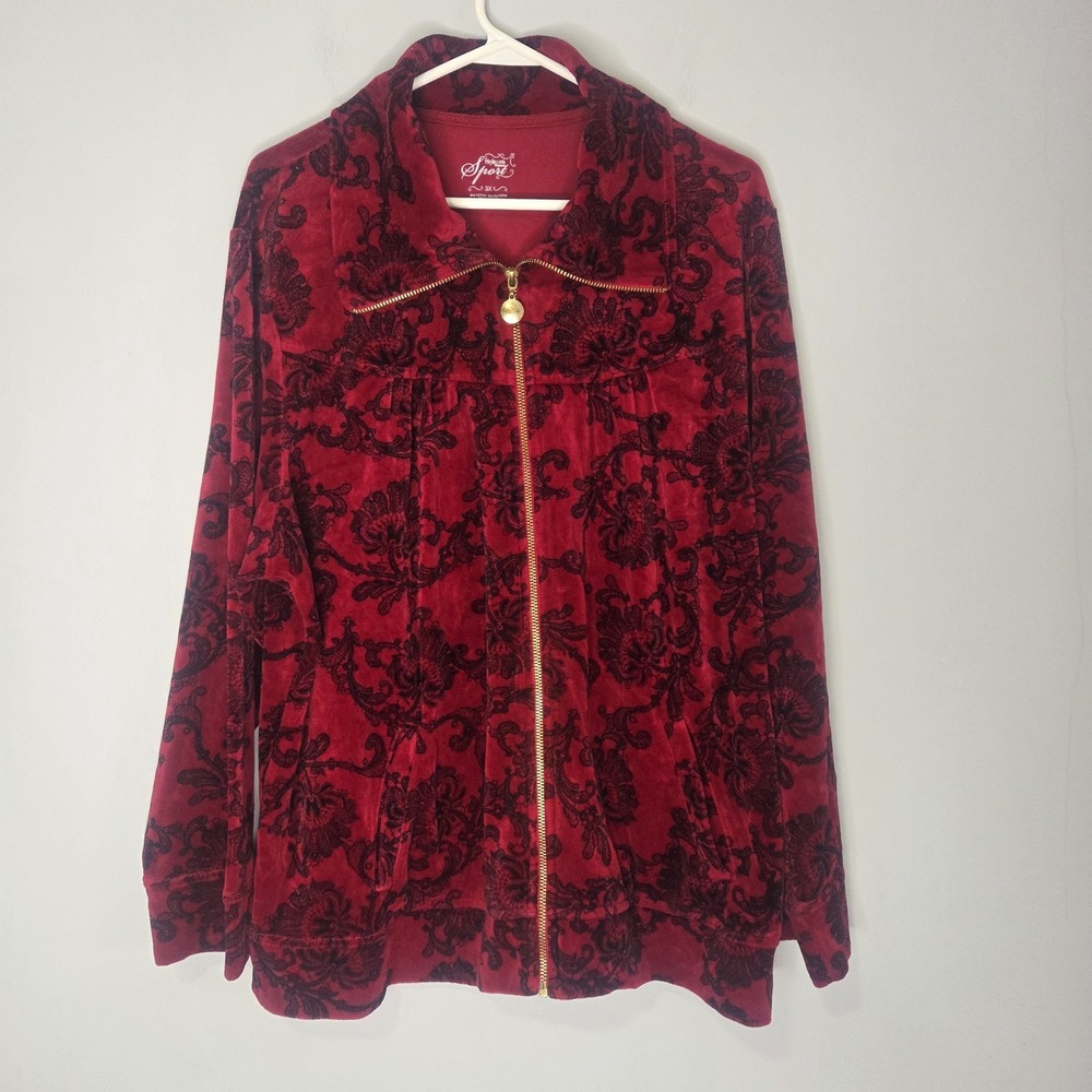 Style & Co Sport Zip‎ Up Velour Jacket  3X w Pockets Red Black Paisley Sweater